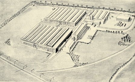 Eerste schetstekening van de nieuw te bouwen fabriek in Beverwijk. 1947